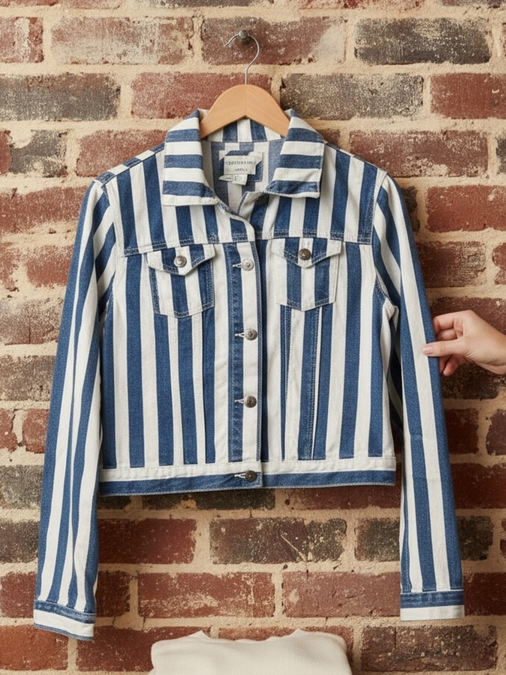 Forever 21 Blue White Striped Cropped Denim Jean Jacket Size L